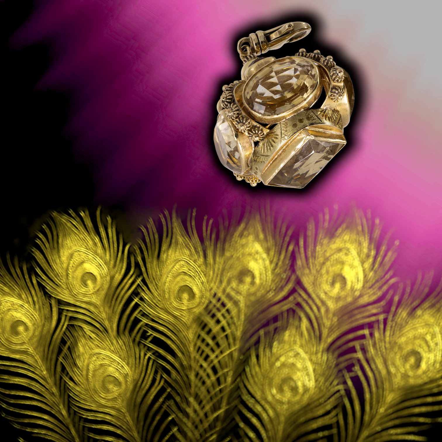 VINTAGE ETRUSCAN REVIVAL 14K GOLD CITRINE CHARM - ITALIAN SCULPTURAL PENDANT